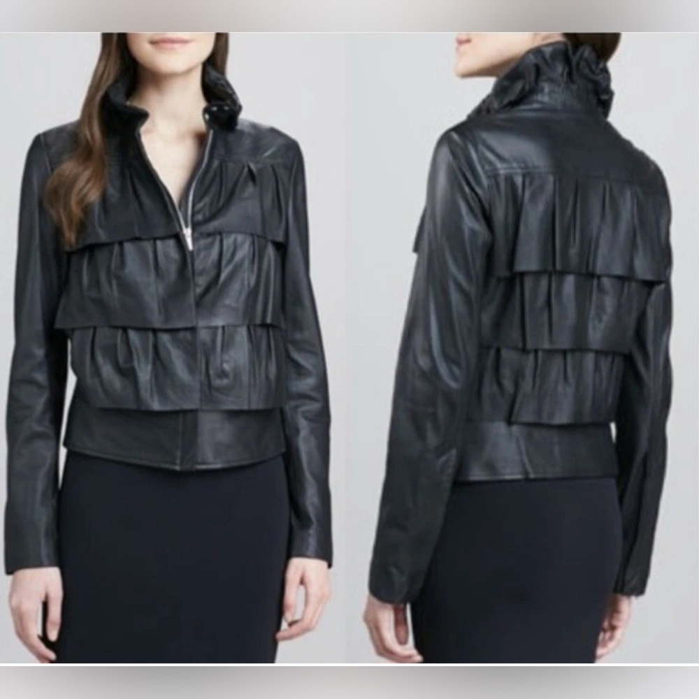 Diane Von Furstenberg Black Cupcake Tiered Leather Bomber Jacket Size 4